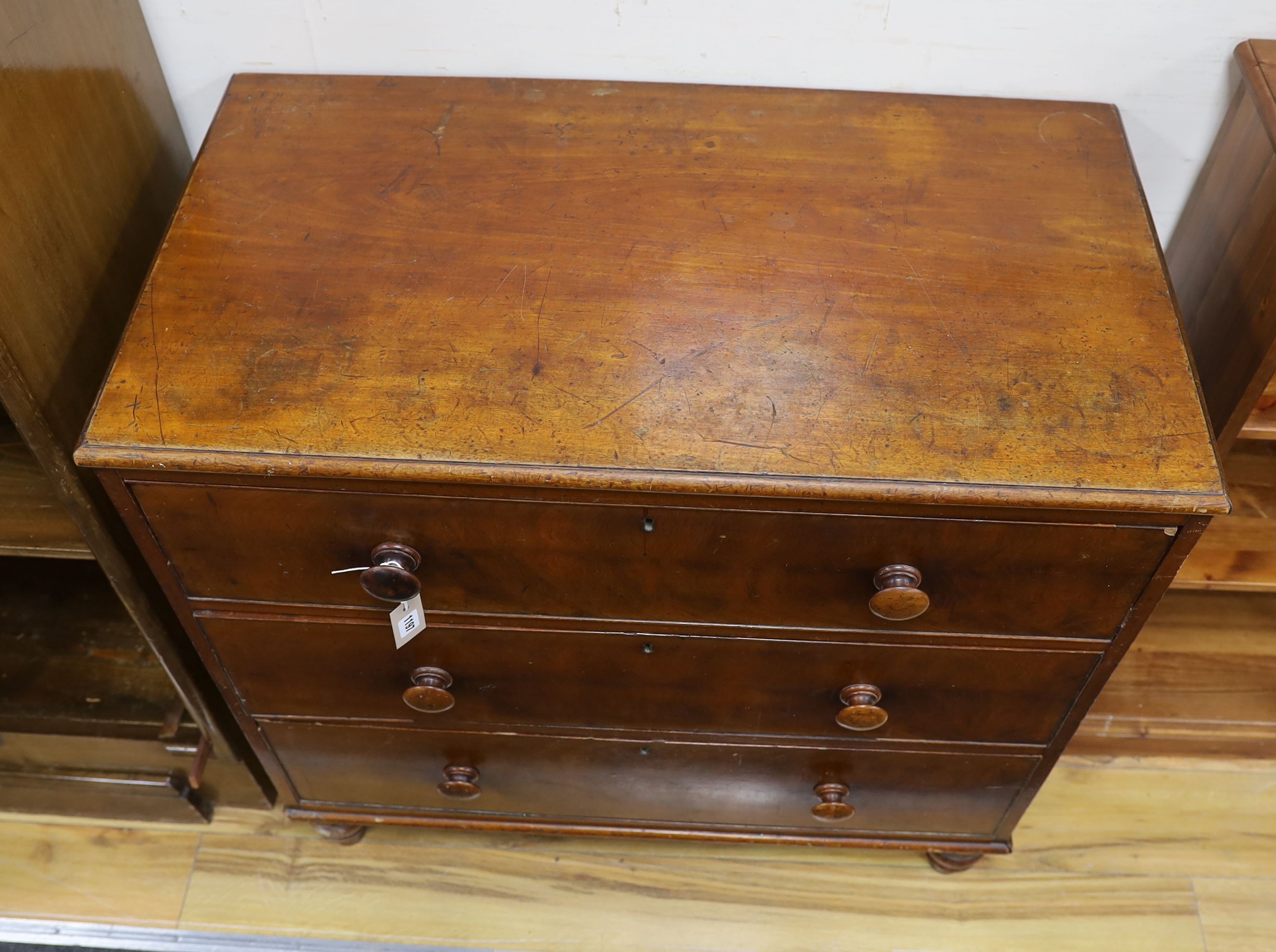 A Victorian mahogany three drawer chest of drawers, width 93cm, depth 50cm, height 91cm
